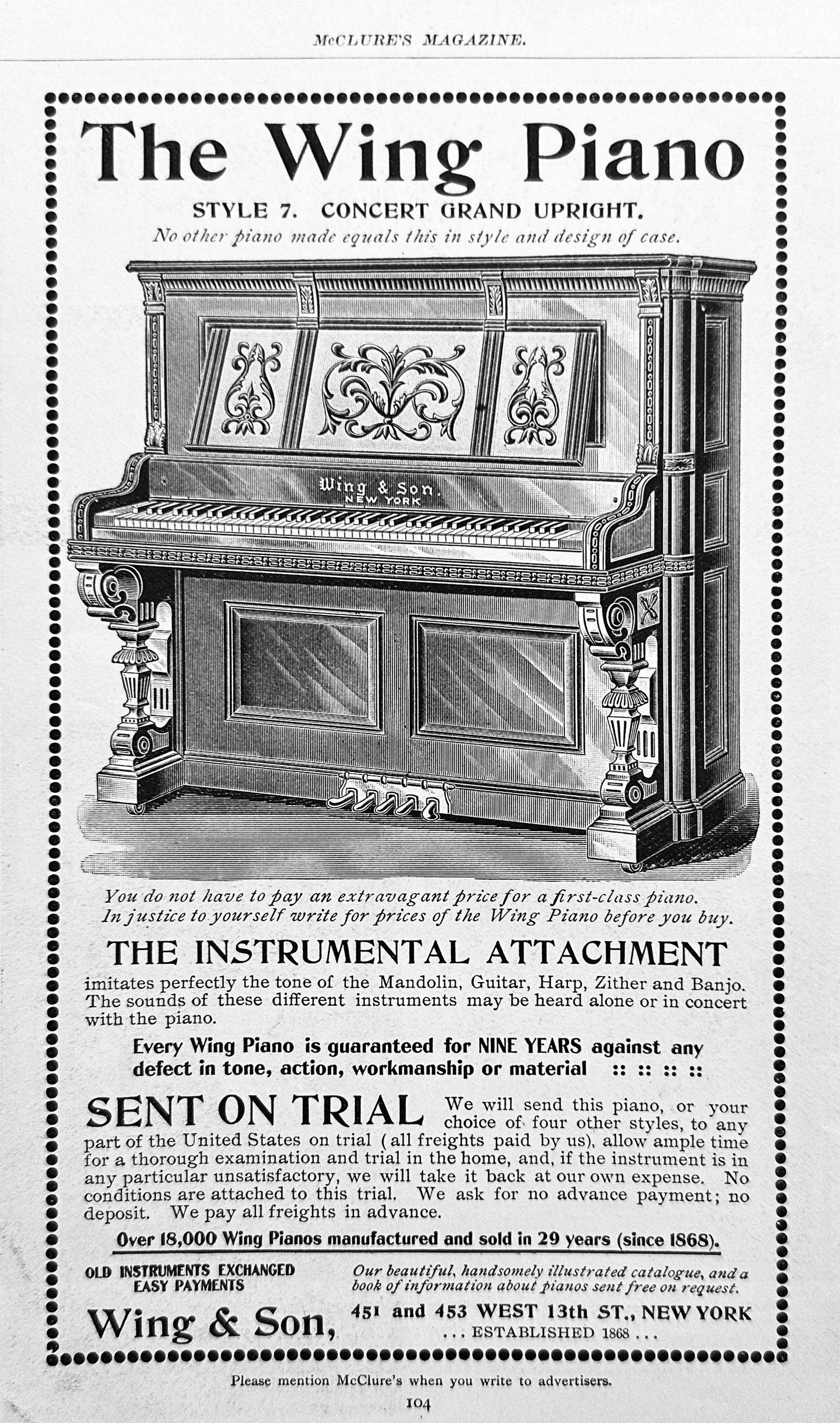 1897 The Wing Style 7 Concert Grand Piano & Quaker White Oats Ad#N1319