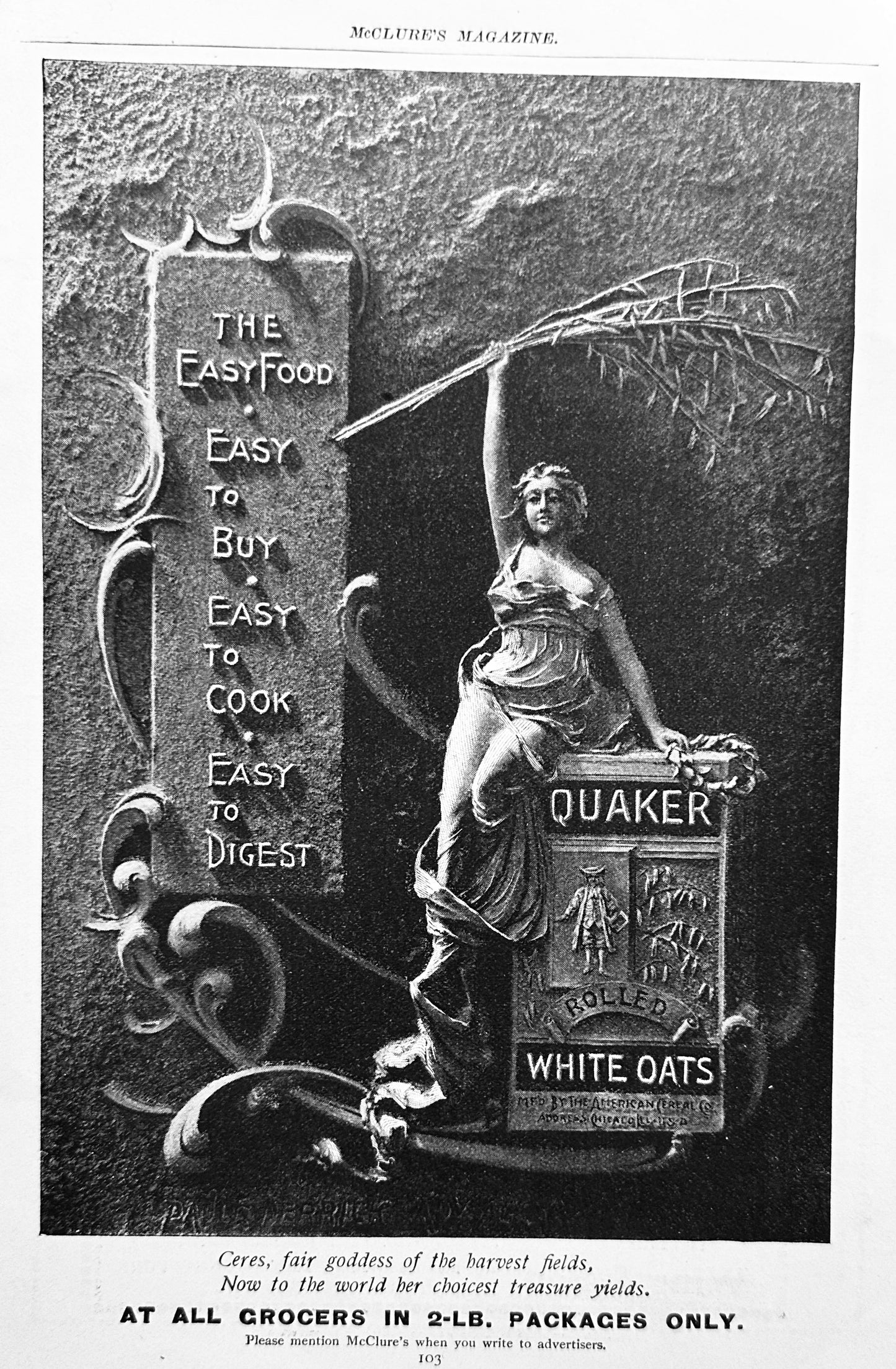 1897 The Wing Style 7 Concert Grand Piano & Quaker White Oats Ad#N1319