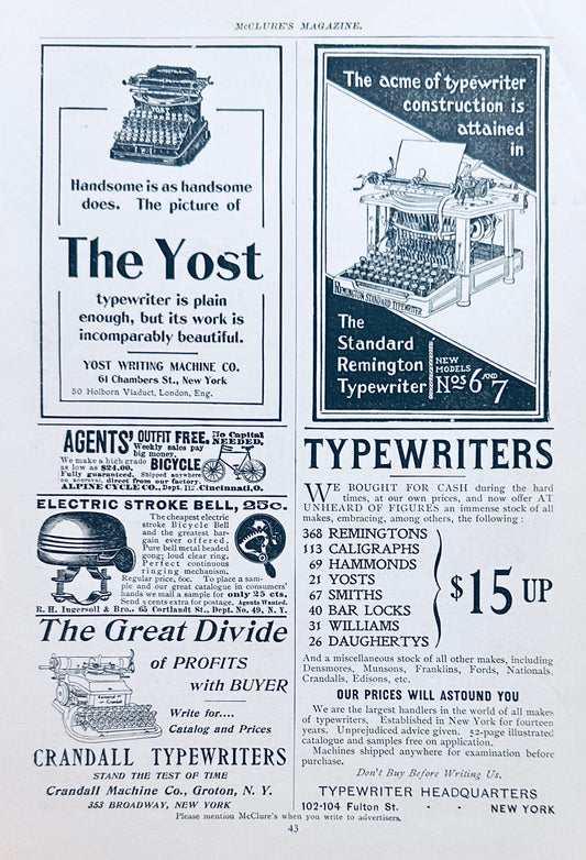 1897 Antique Typewriter Ads #N1317 - Yost, Remington and Crandall Brands