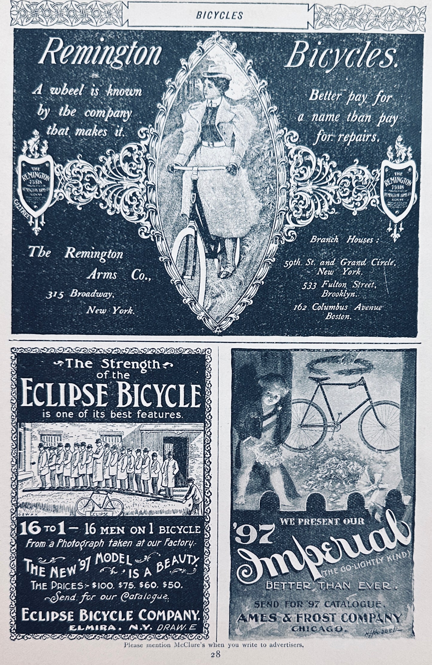 1897 Antique Bicycle Ephemera Remington, Eclipse & Imperial Mfg. Ad#N1314