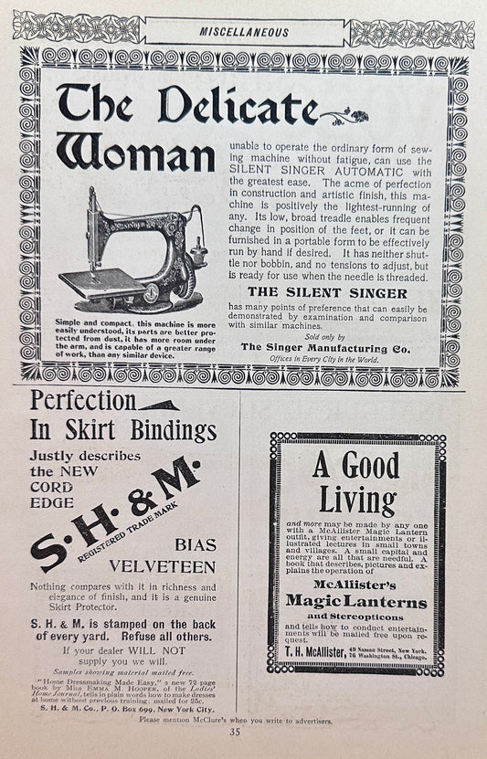 1897 Antique Silent Singer Sewing Machine for the Delicate Woman Ad #N1313