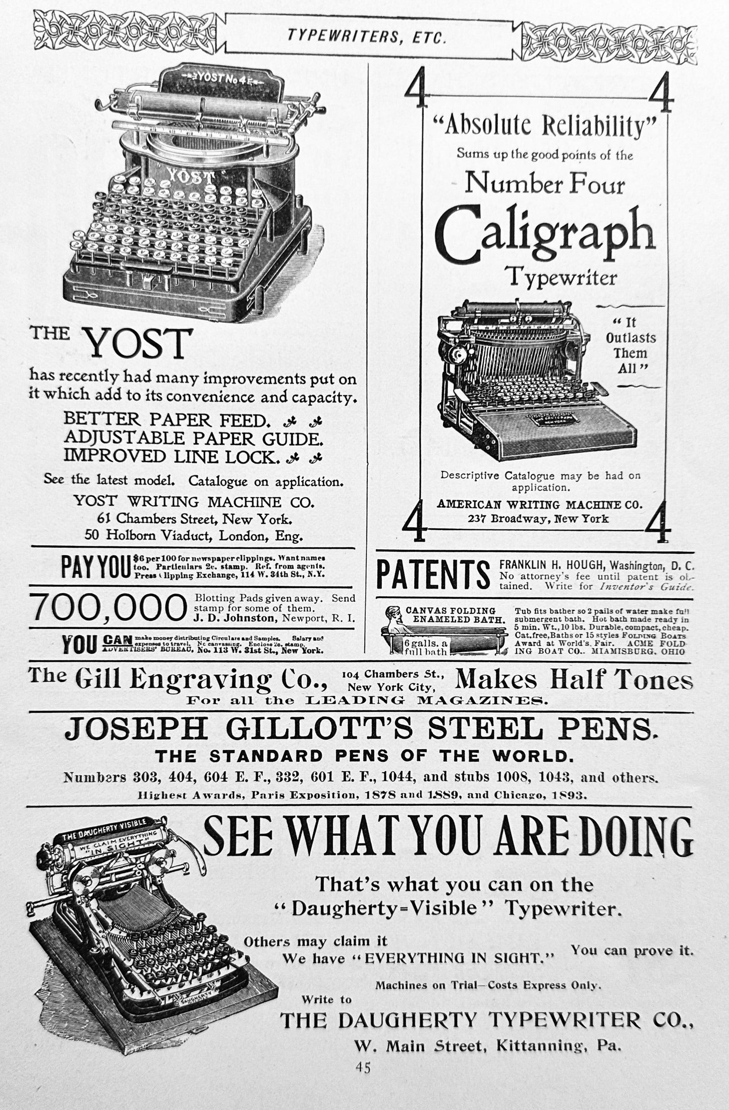 1897 Five Unique Typewriter Ads, Yost, Caligraph, Daugherty ++ Ad #N1312
