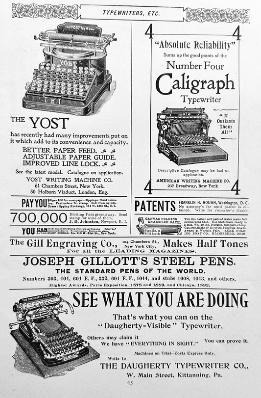 1897 Five Unique Typewriter Ads, Yost, Caligraph, Daugherty ++ Ad #N1312