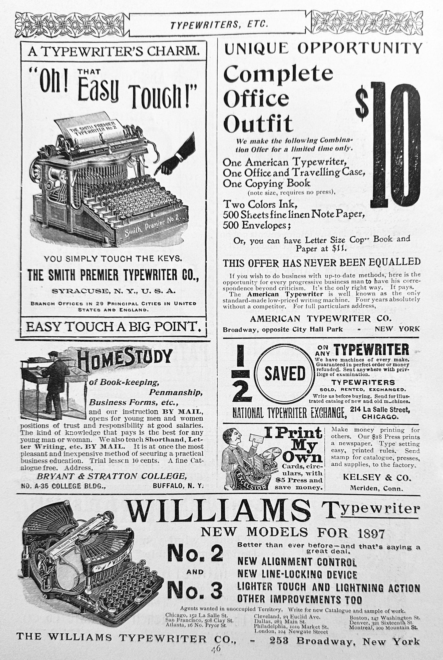 1897 Five Unique Typewriter Ads, Yost, Caligraph, Daugherty ++ Ad #N1312