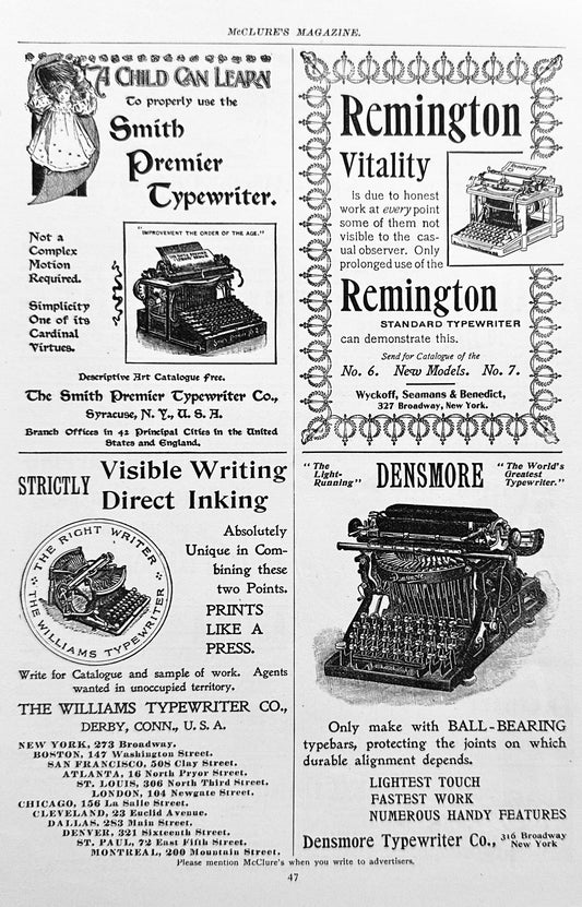 1897 - Four Unique Typewriter Ads Smith Premier, Densmore ++ Ad #N1307