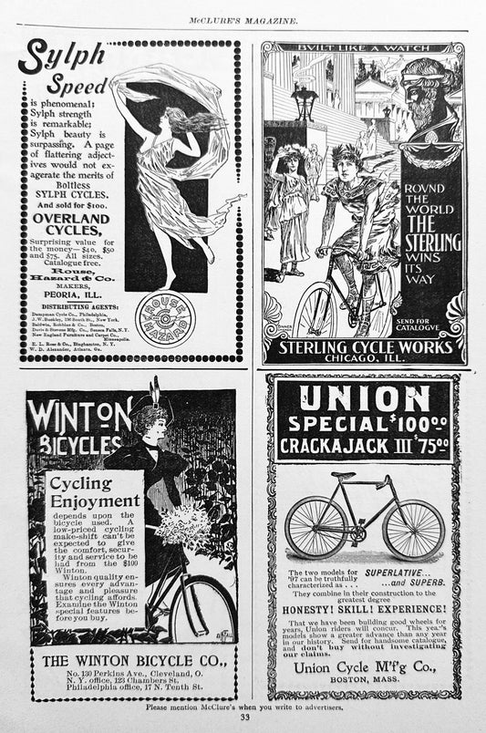 1897 Antique Bicycle Advertising Ephemera 8-Unique Ads on 1 Page N#1298