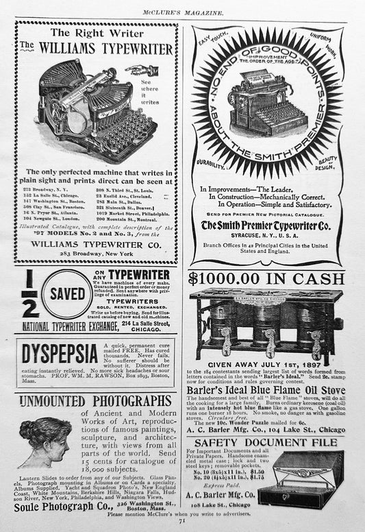 1897 Williams Typewriter & Smith Premier Typewriter Ads #N1286