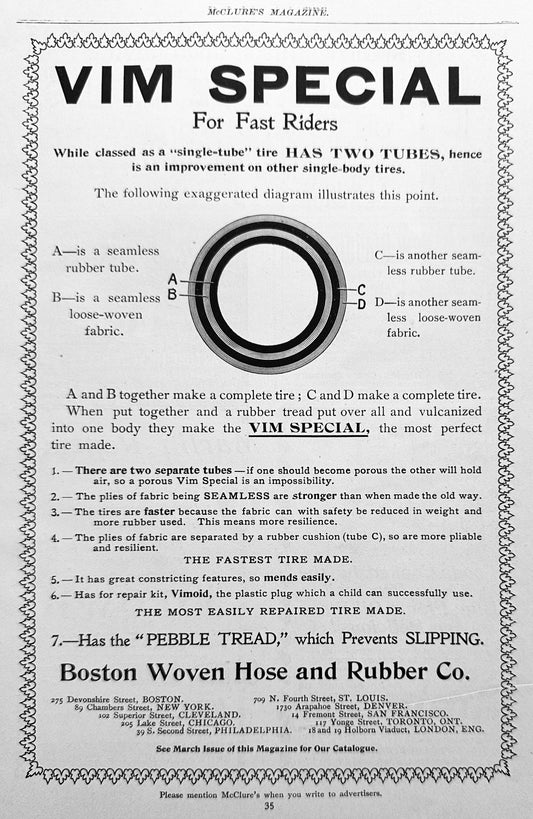 1897 Boston Woven Hose & Rubber Co - VIM Special Bicycle Tires AD #N1281