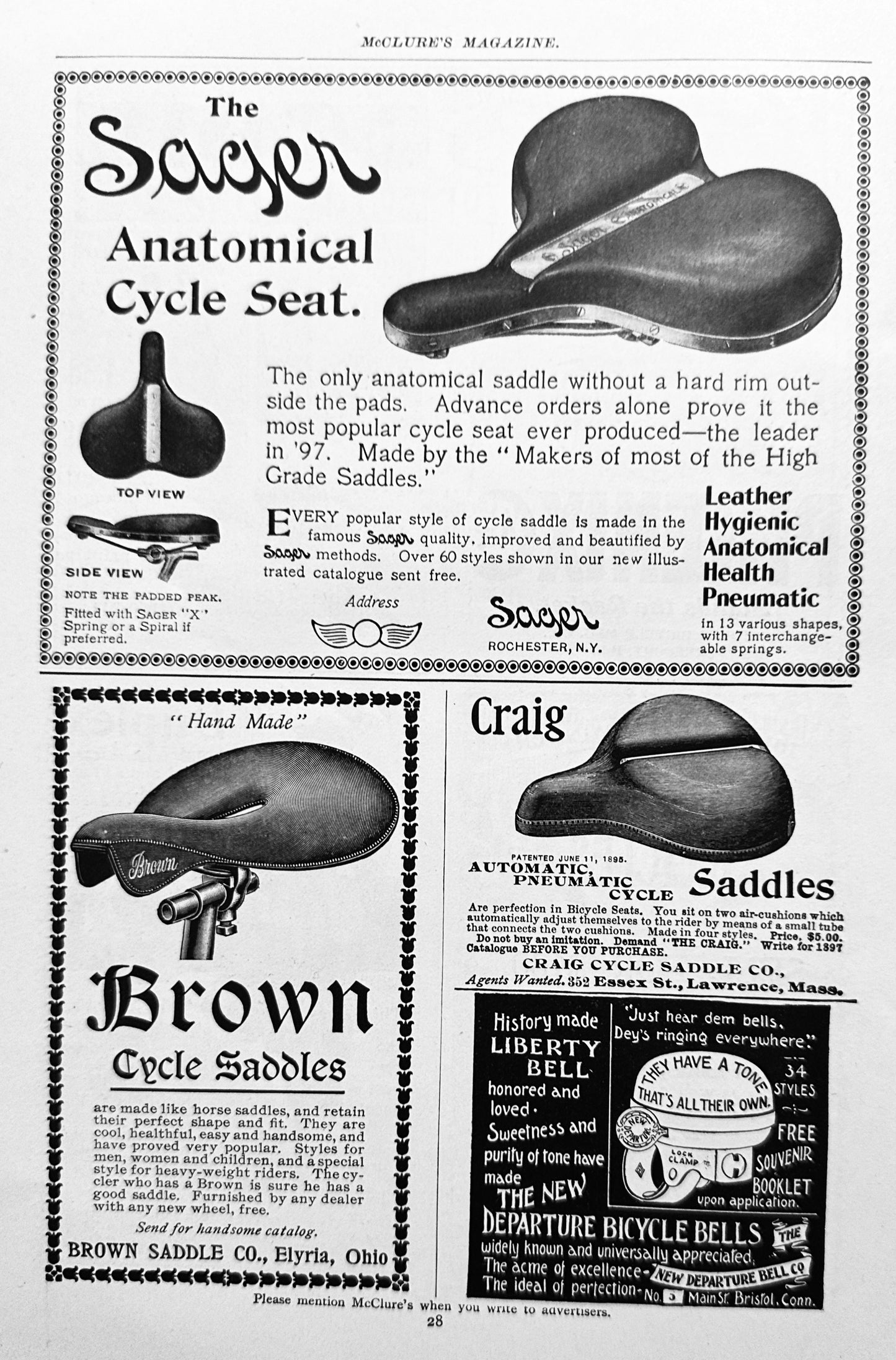 1897 Antique Bicycle Ephemera  Dual Sided Magazine Page with Saddles #N1270