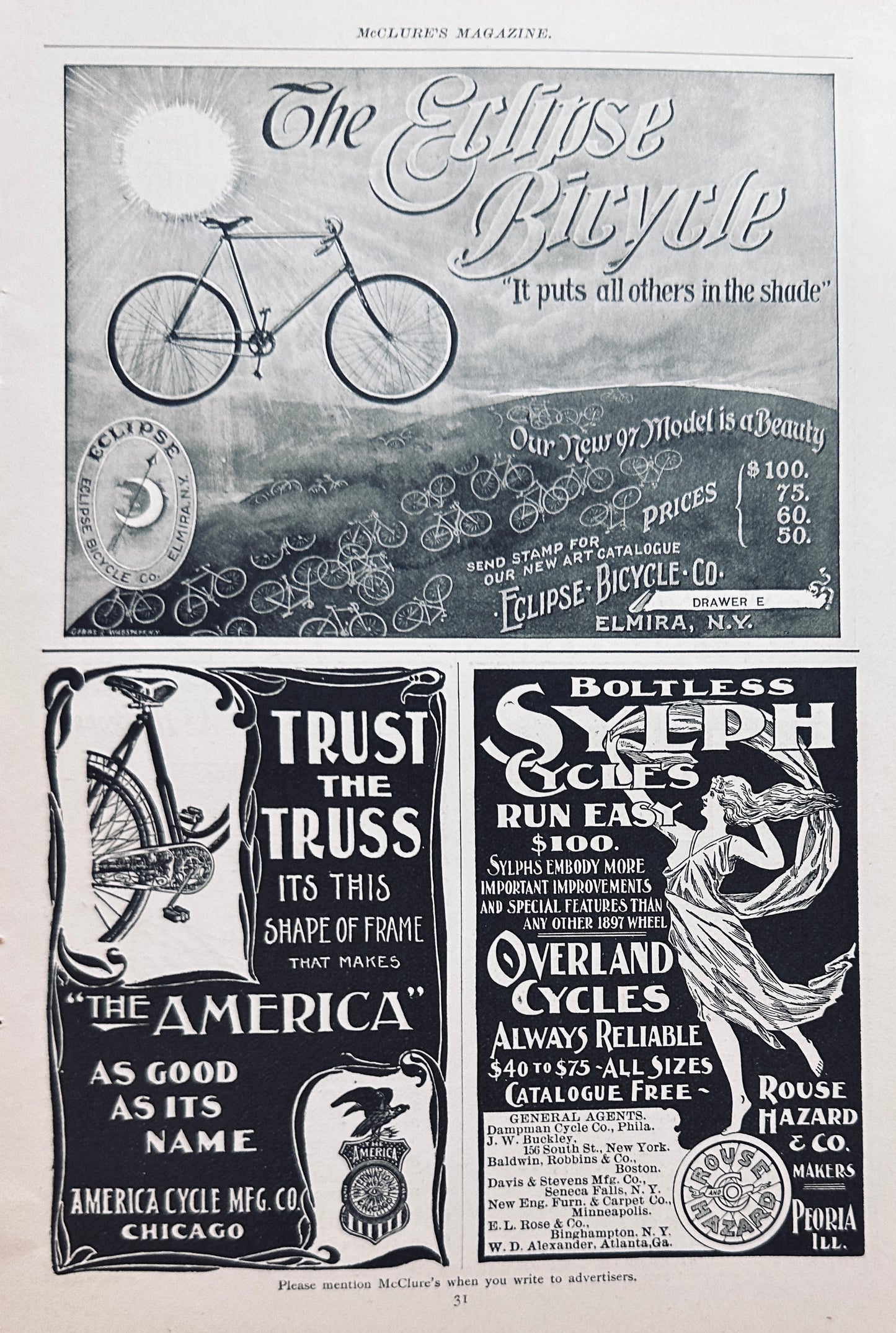 1897 Period Bicycle Ads Dual Sided Antique Ephemera #N1266