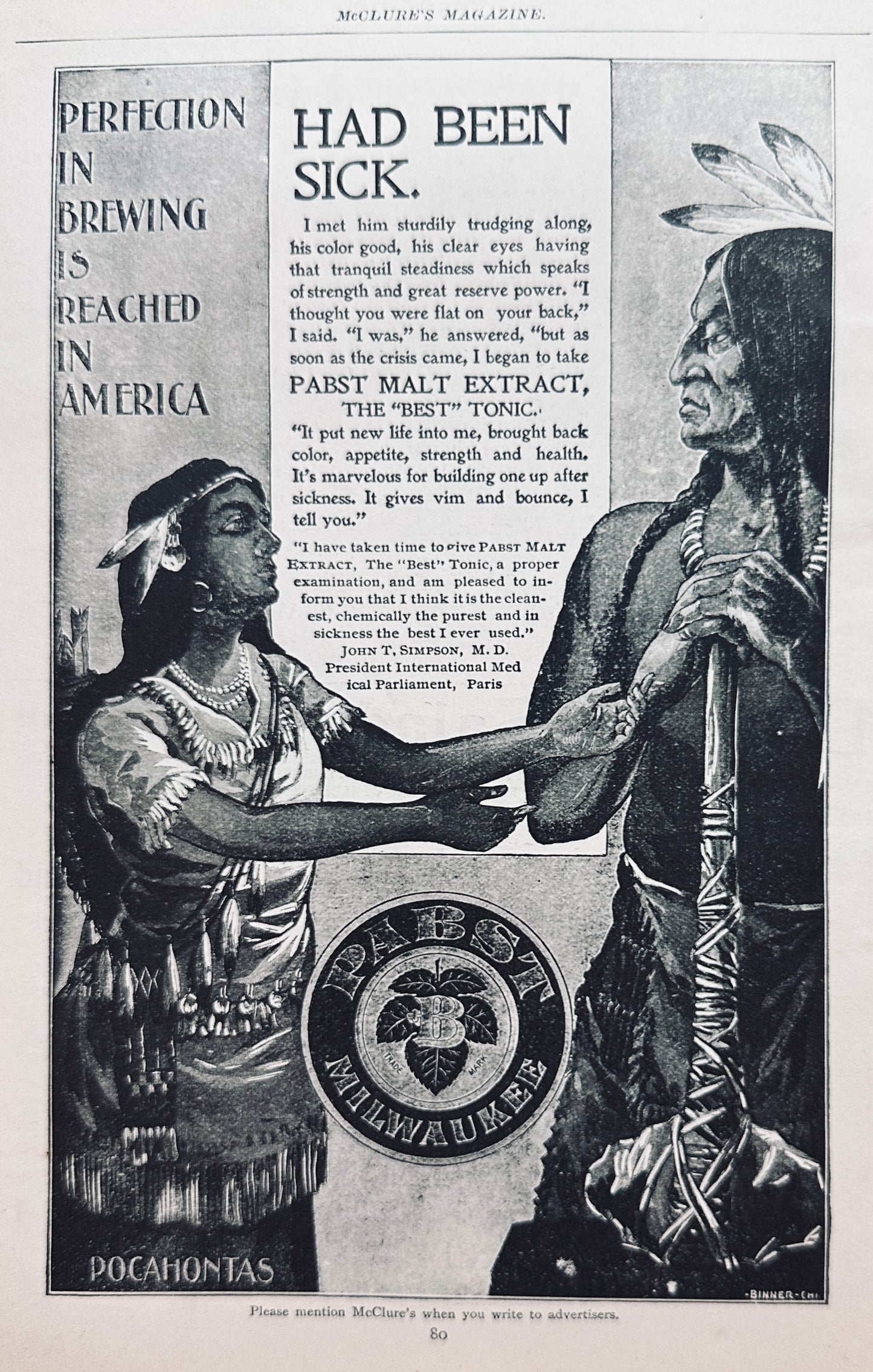 1897 Pabst Malt Extract - Doctor Fluid - Best Tonic - Pocahontas - Ad #N1265