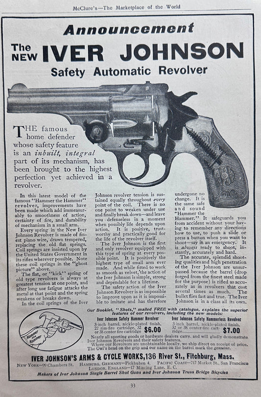 1910 Iver Johnson Safety Automatic Revolver Vintage Ad #N1333