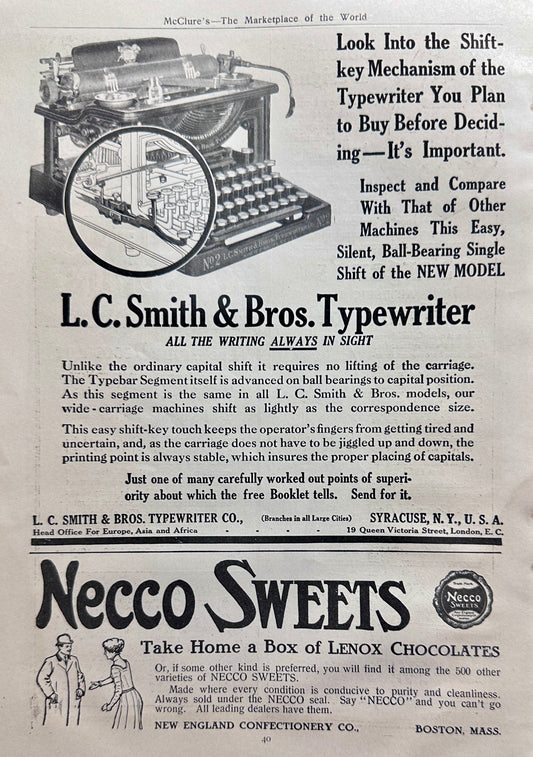 1910 L.C. Smith & Bros Typewriter Ball-Bearing Shift Key AD #N1334