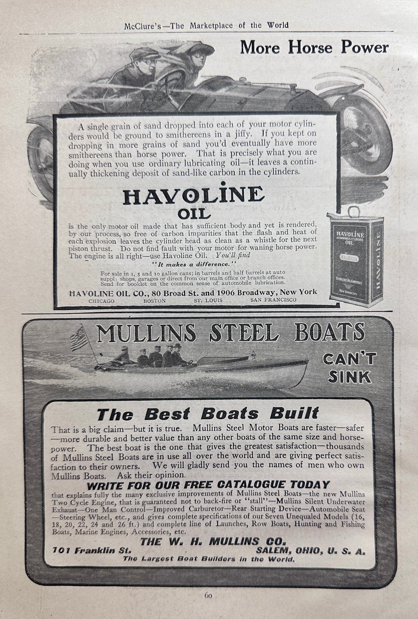 1910 Havoline Motor Oil &Mullins Steel Boats Ad #N1337