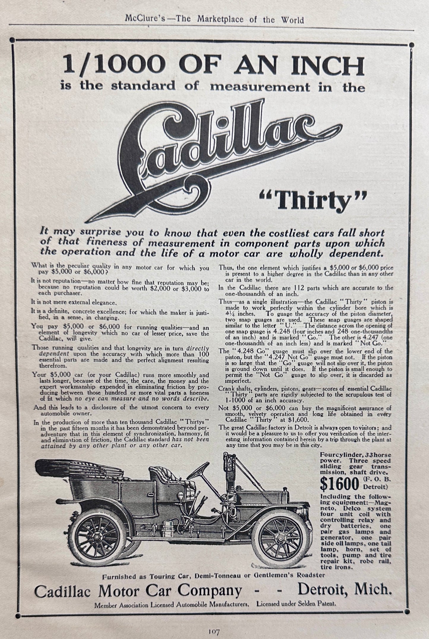 1910 Cadillac "Thirty" 1/1000 of an Inch! - Vintage Ad #N1347