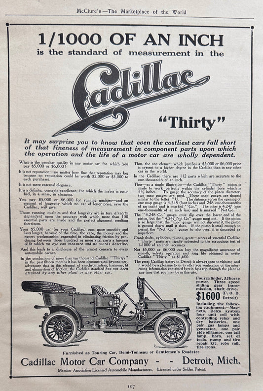 1910 Cadillac "Thirty" 1/1000 of an Inch! - Vintage Ad #N1347