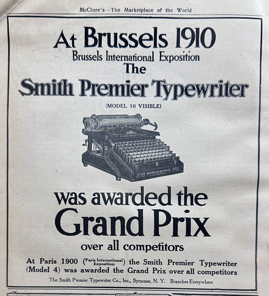 1910 Smith Premier Typewriter - Wins International Award for Best Machine AD#1354