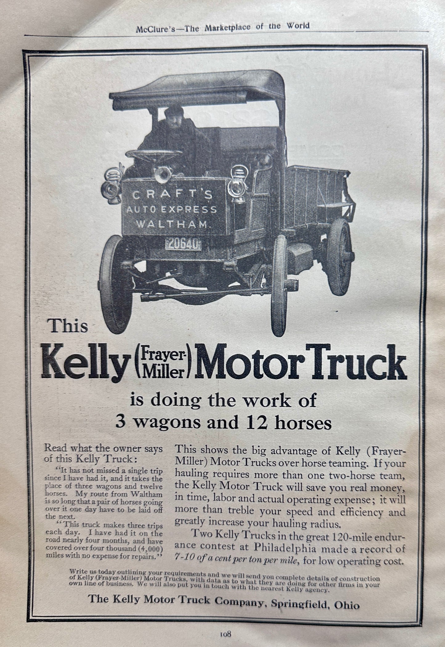1910 Kelly (Frayer-Miller) Motor Truck - McFarlan-Six Forgotten Autos Ad #N1360