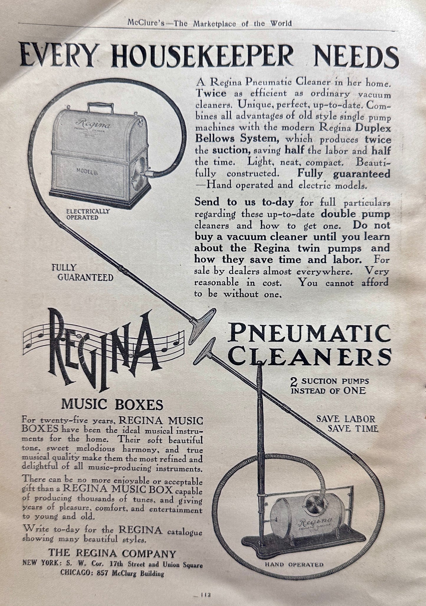 1910 The Wizard Stropper & Regina Pneumatic Cleaner & Music Box Ad #N1361