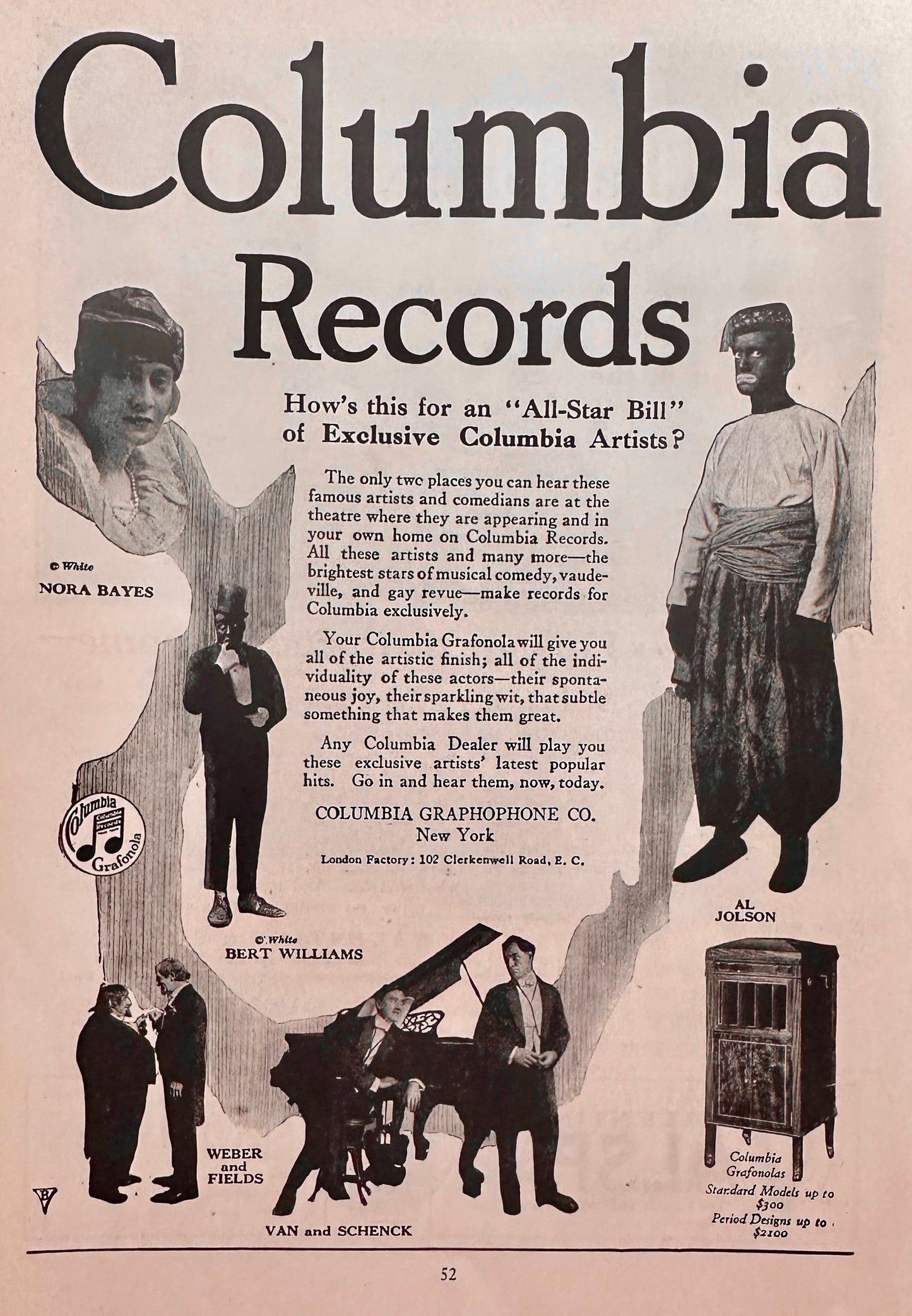 1919 Columbia Records - Al Jolson, Nora Bayes, Weber & Fields ++Ad #N1427