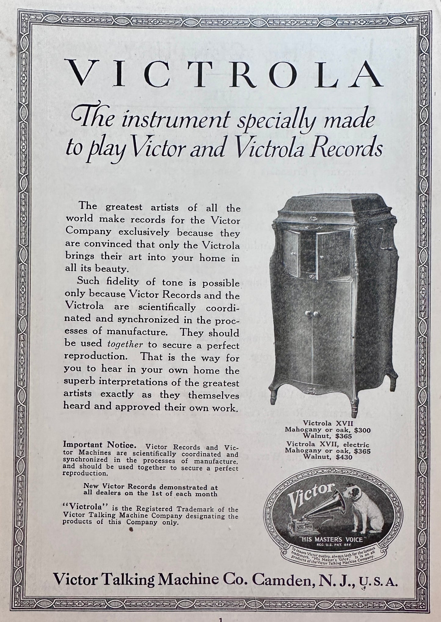 1919Victrola  XVII & XVII Electric Vintage Ad #N1419