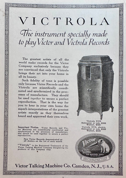 1919Victrola  XVII & XVII Electric Vintage Ad #N1419