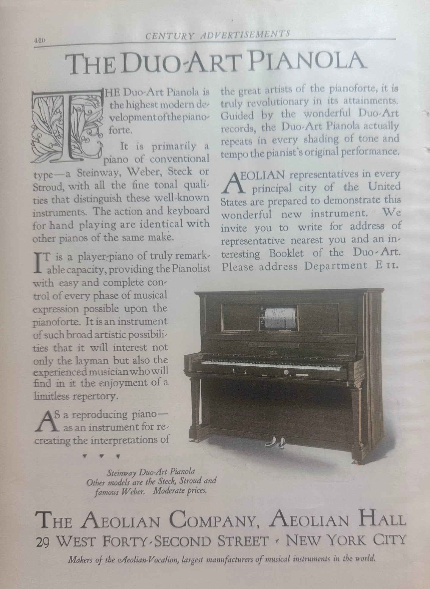 1916 - 4 Page Duo-Art Pianola Player Piano Ad from Aeolian Co #N1434