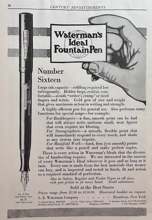 1916 Waterman's Ideal Fountain Pen No. 16 Ad #N1433
