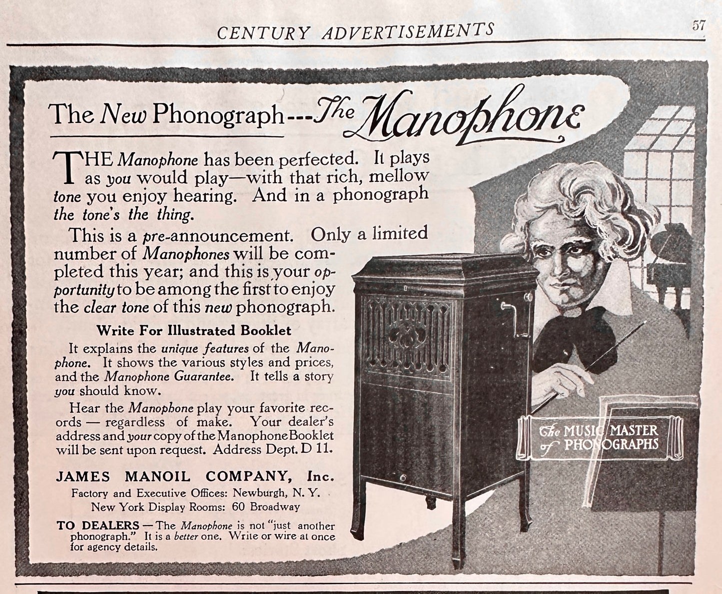 1916 Manophone Floor Model Phonograph - James Manoil CO Ad #N1432