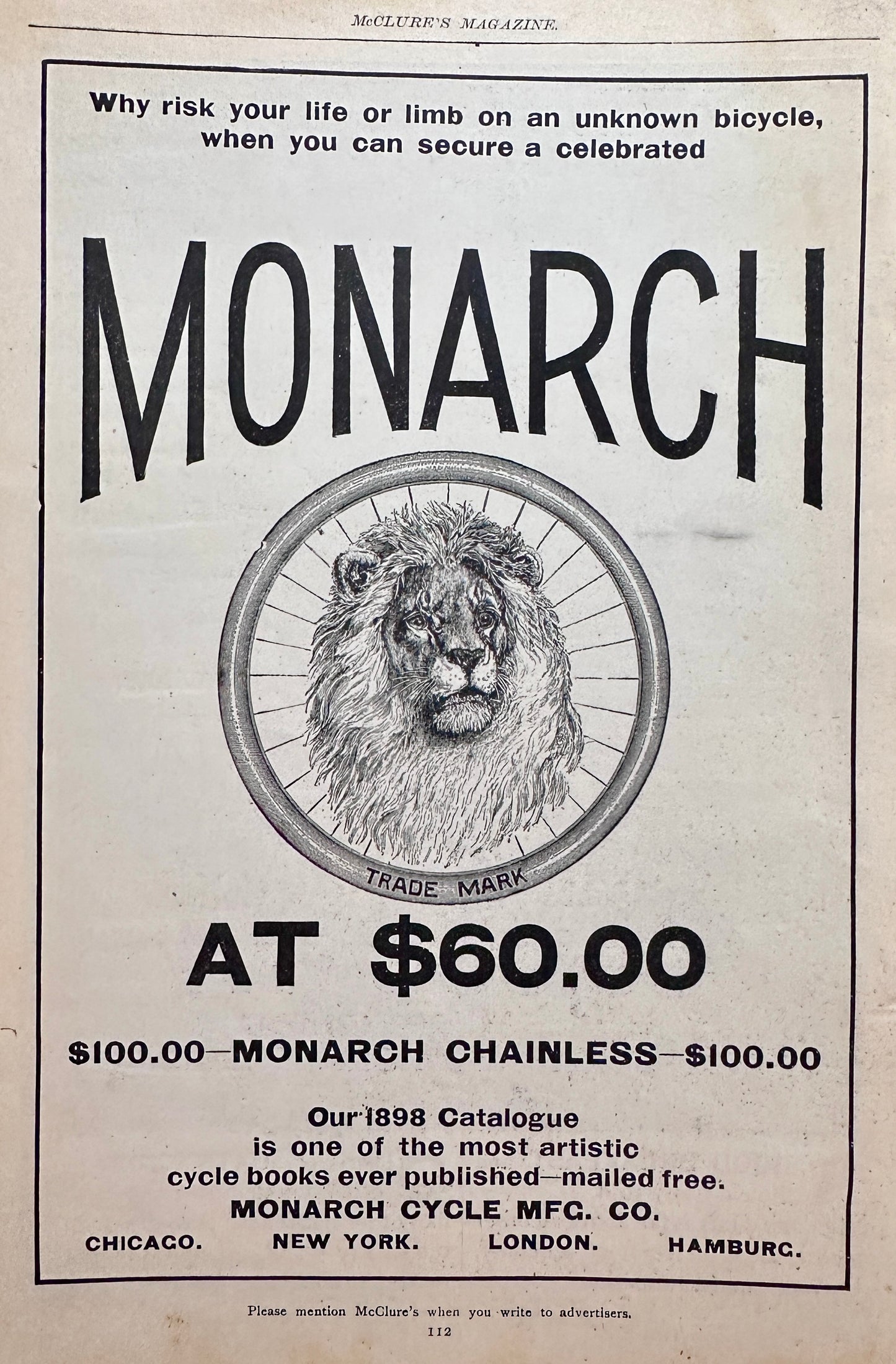 1898 Full Page Monarch Bicycle Featuring the Monarch Chainless - Ad #N1437