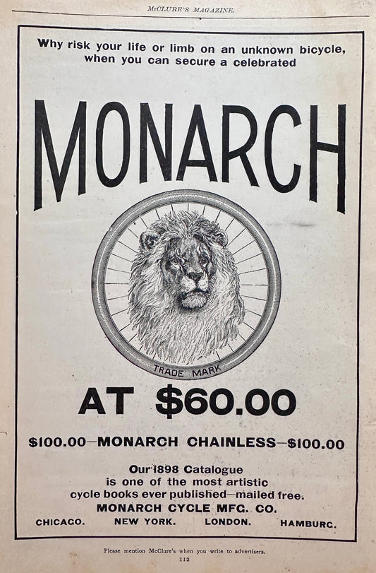 1898 Full Page Monarch Bicycle Featuring the Monarch Chainless - Ad #N1437
