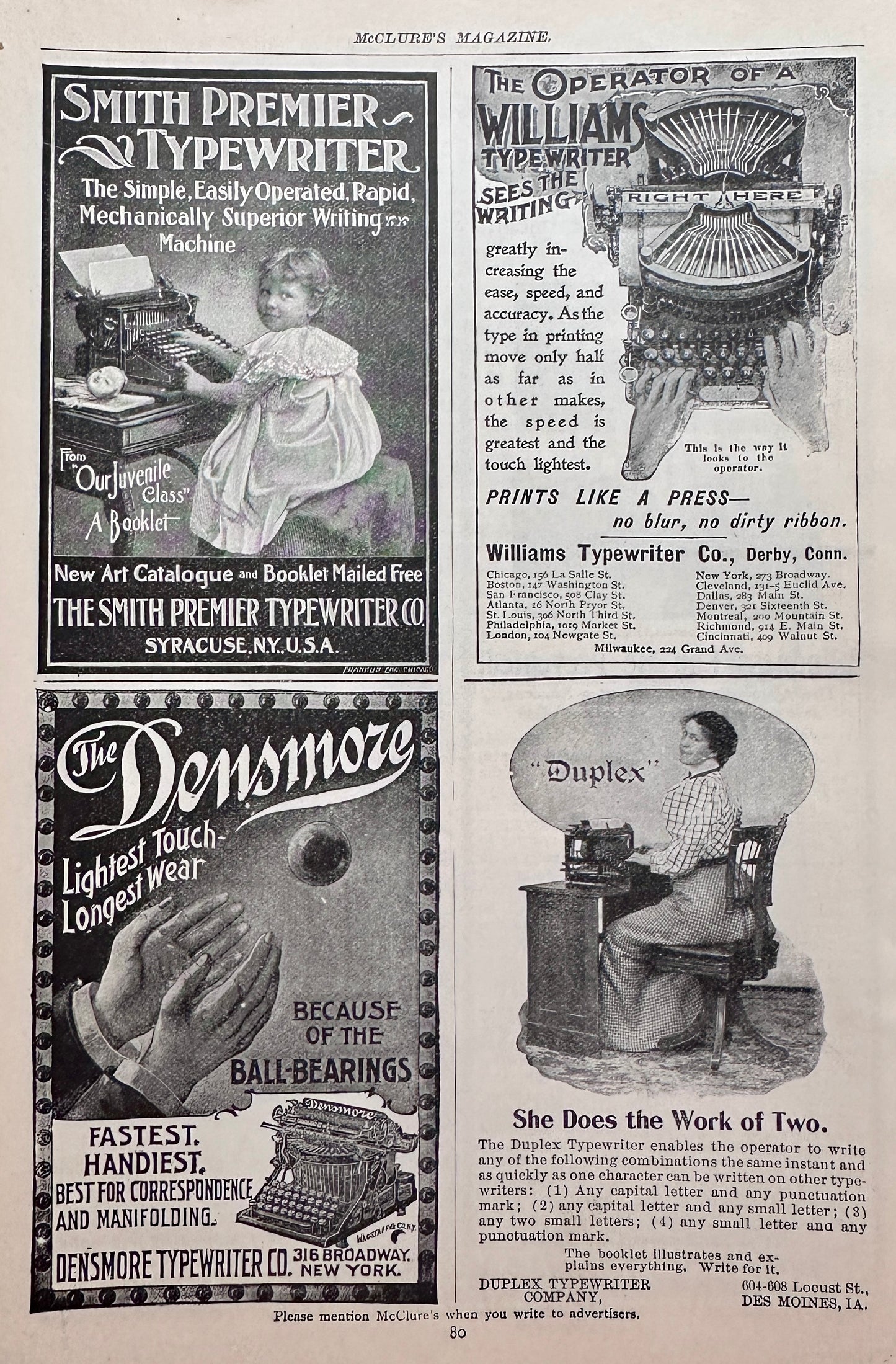 1898 Smith, Williams, Densmore & Duplex Typewriter Ads #N1442