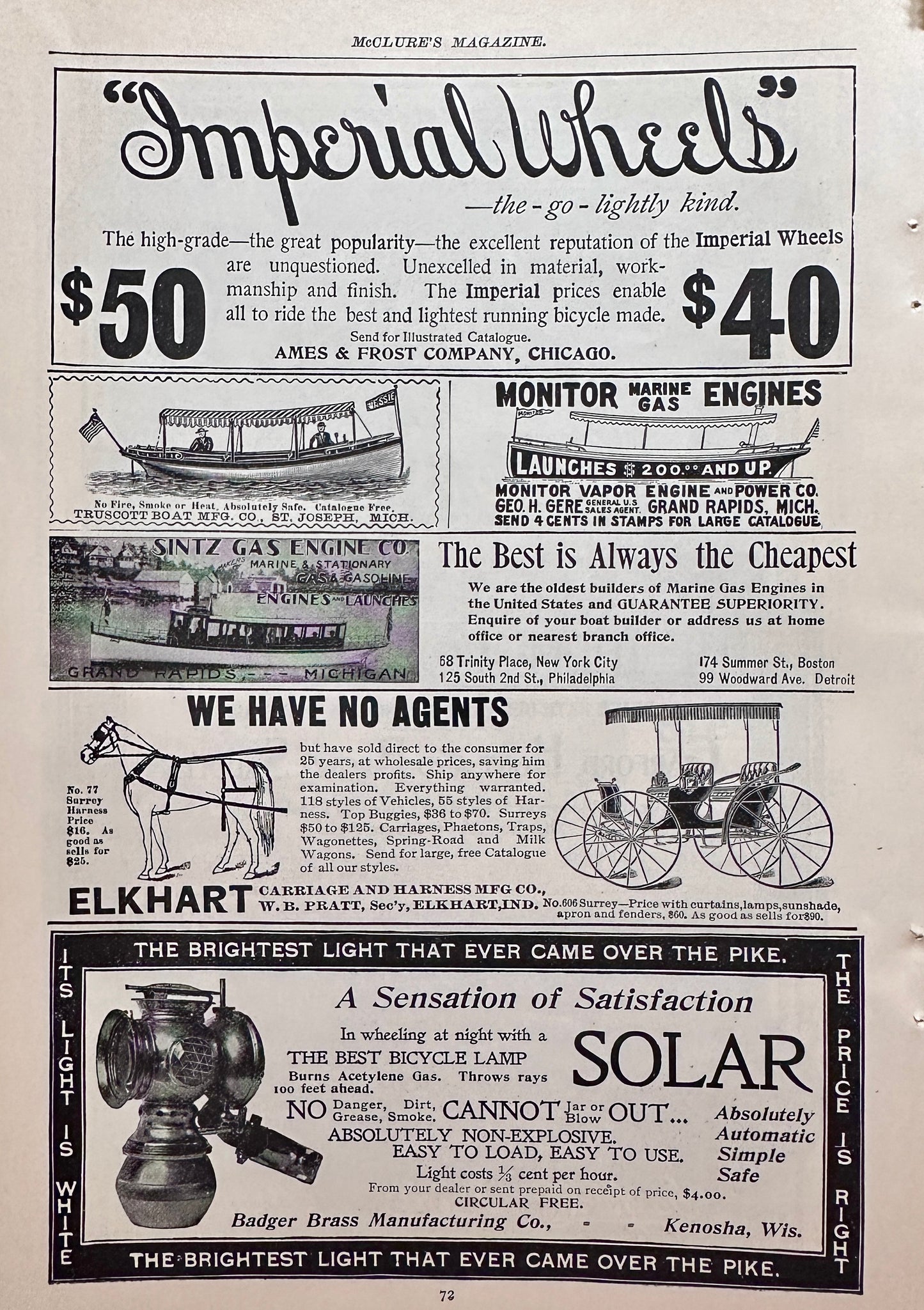 1898 Antique Bicycle Accessories - Saddles Garford, Hunt, Brown & Lamp Ad #N1444