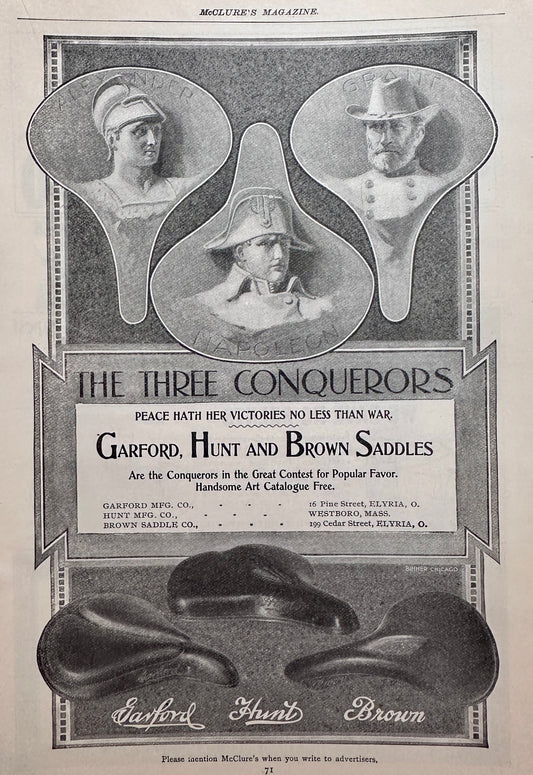 1898 Antique Bicycle Accessories - Saddles Garford, Hunt, Brown & Lamp Ad #N1444