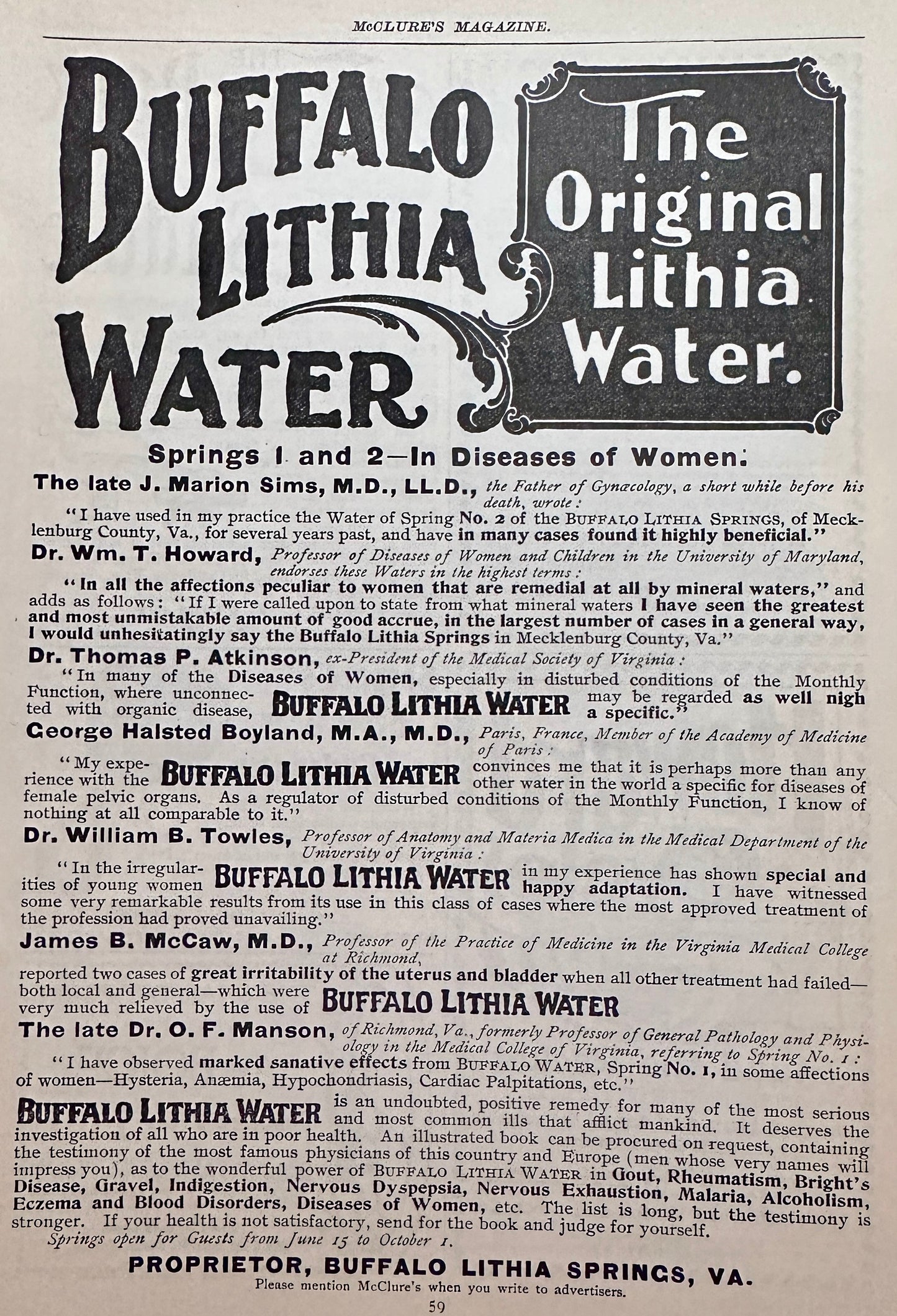 1898 Buffalo Lithia Water - Lithia Springs VA Ad #N1450