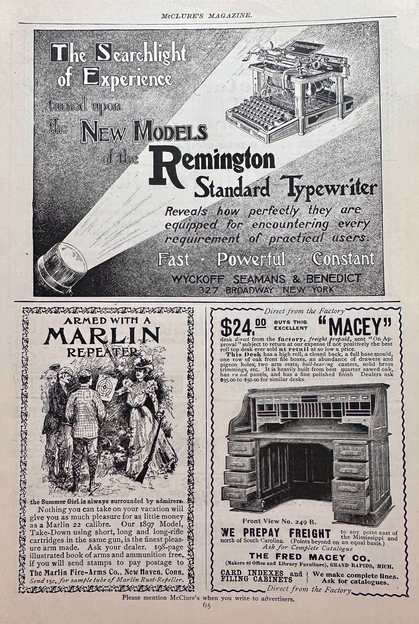 1898 Random Ads on Same Page Marlin, Remington, Macey Ad #N1479