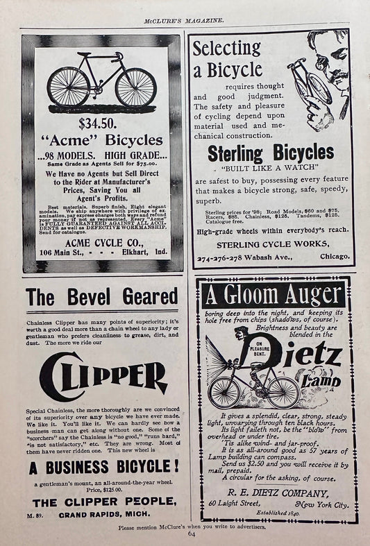 1898 Antique Bicycle Ads - Acme, Clipper, Sterling & Dietz Lamps Ad #N1478