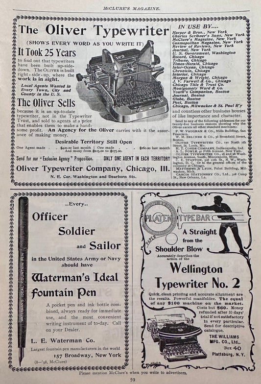 1898 Antique Typewriter and Waterman's Fountain Pen Ad #N1477