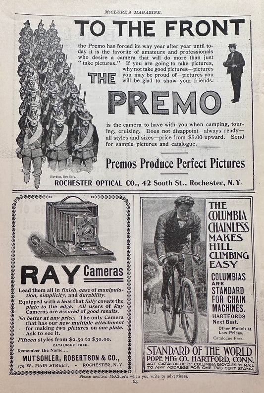 1898 Antique Cameras "Premo" & Ray + Columbia Chainless Cycle Ad #N1475