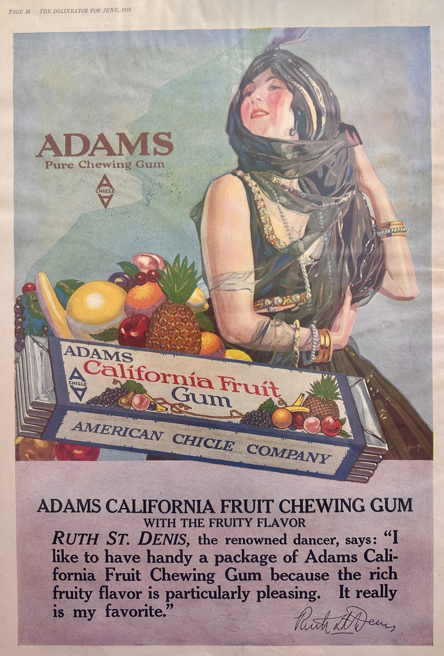1918 Adams California Fruit Gum Masterpiece Ad #179 Ruth St. Denis