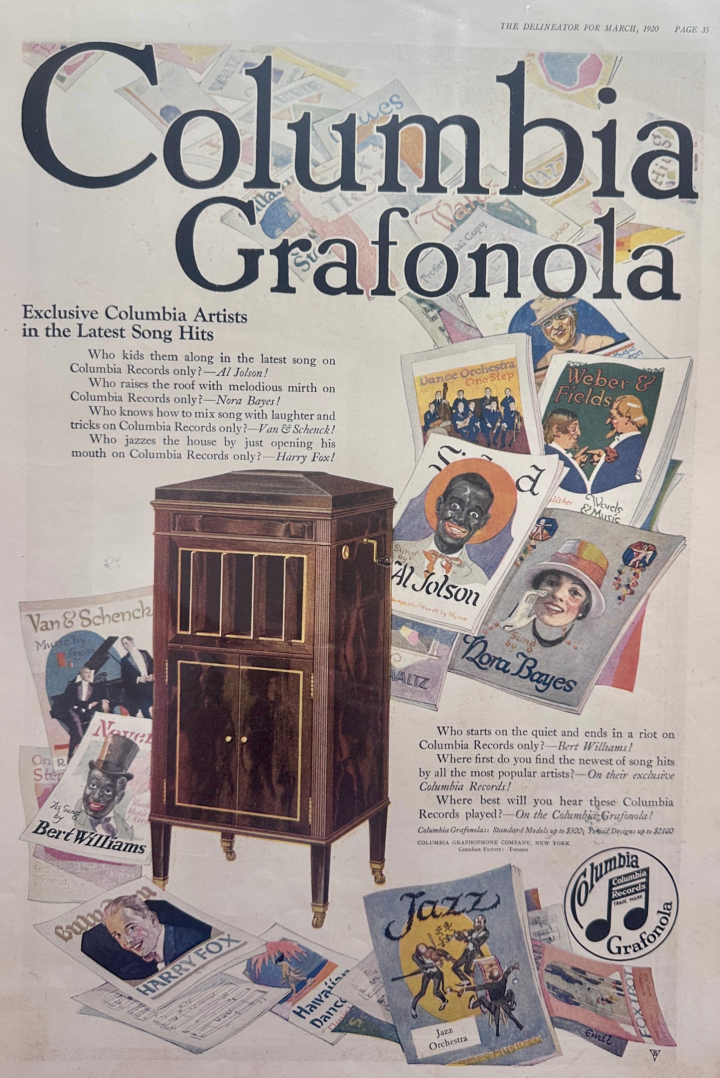 1920 Columbia Grafonola + Exclusive Recording Artists - Jolson Ad #173