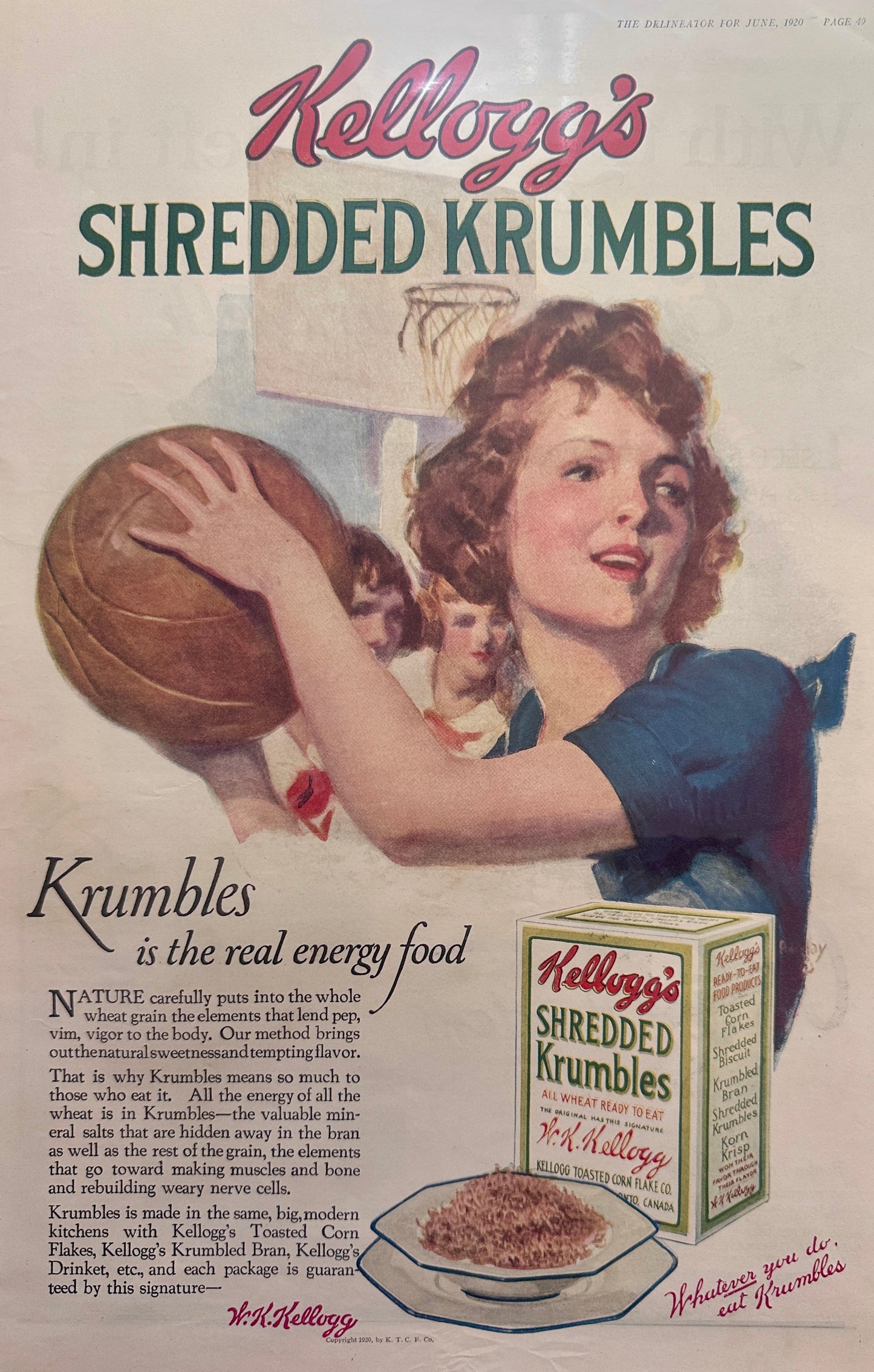 1920 Kellogg's Shredded Krumbles All Wheat Ready To Eat Cereal Ad #161 Girls BBall