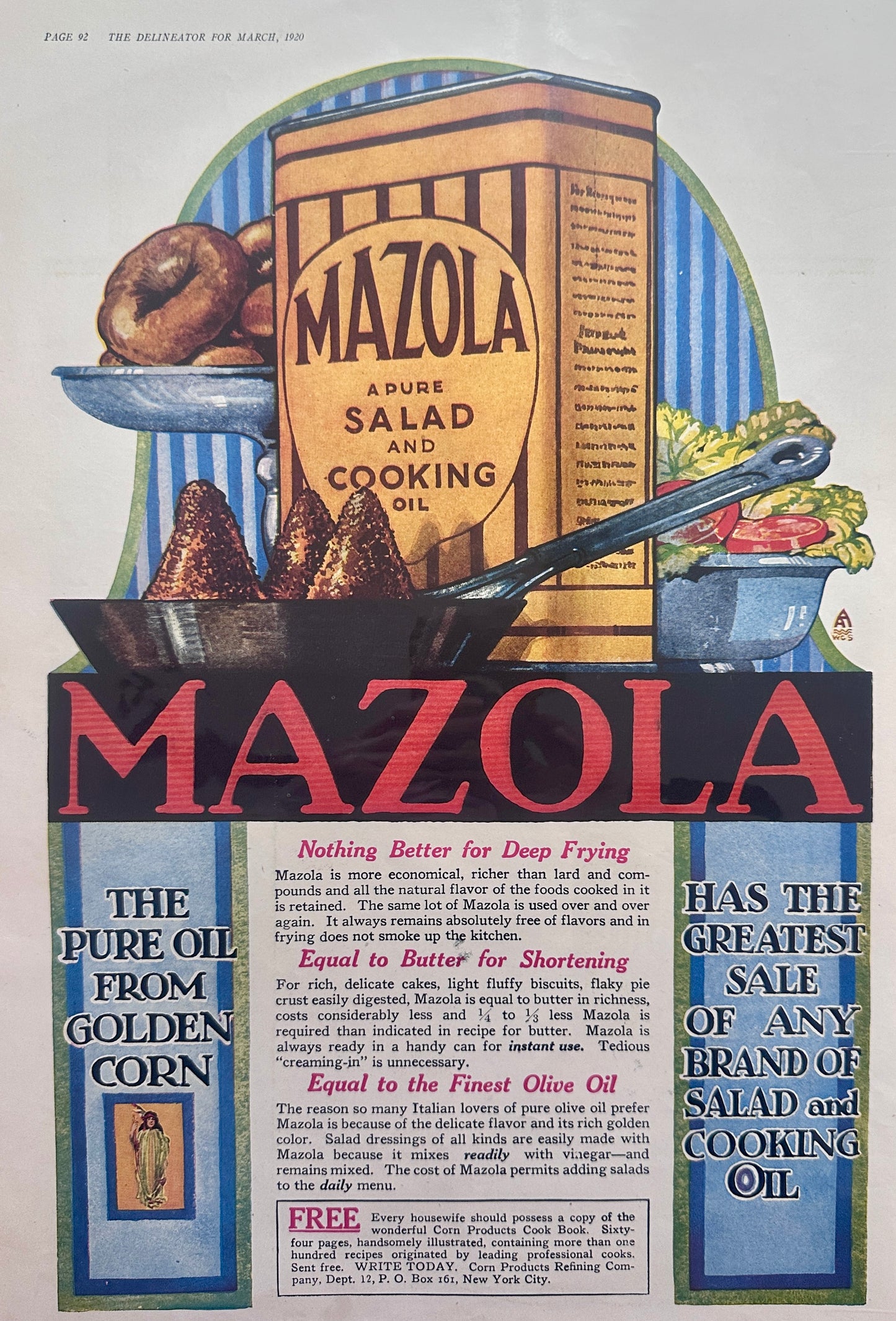 1920 Antique Mazola Corn Oil for Salads & Cooking Ad #156