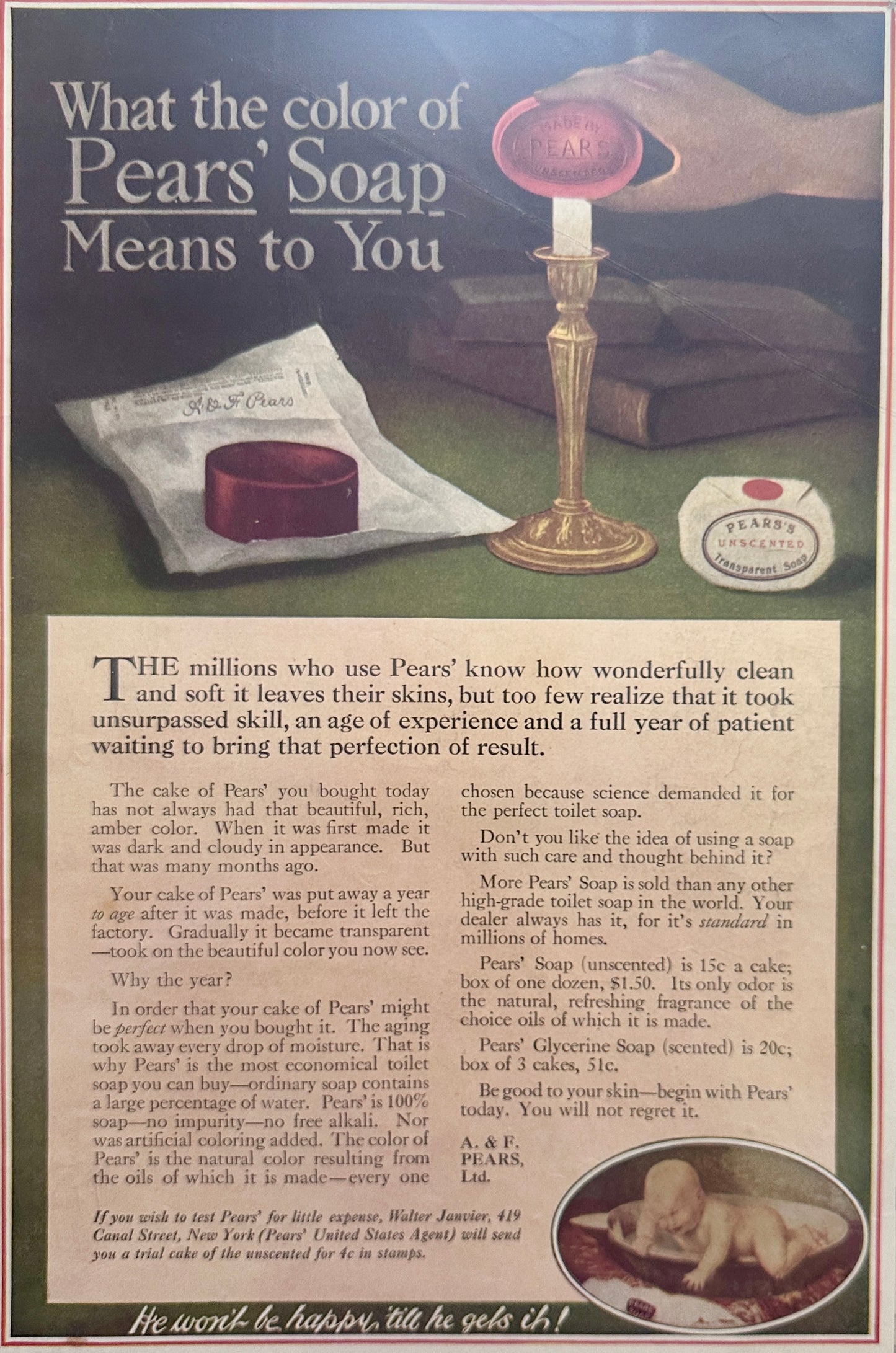 1918 Pear's Soap - Beautiful Amber Color - Antique Ad #153
