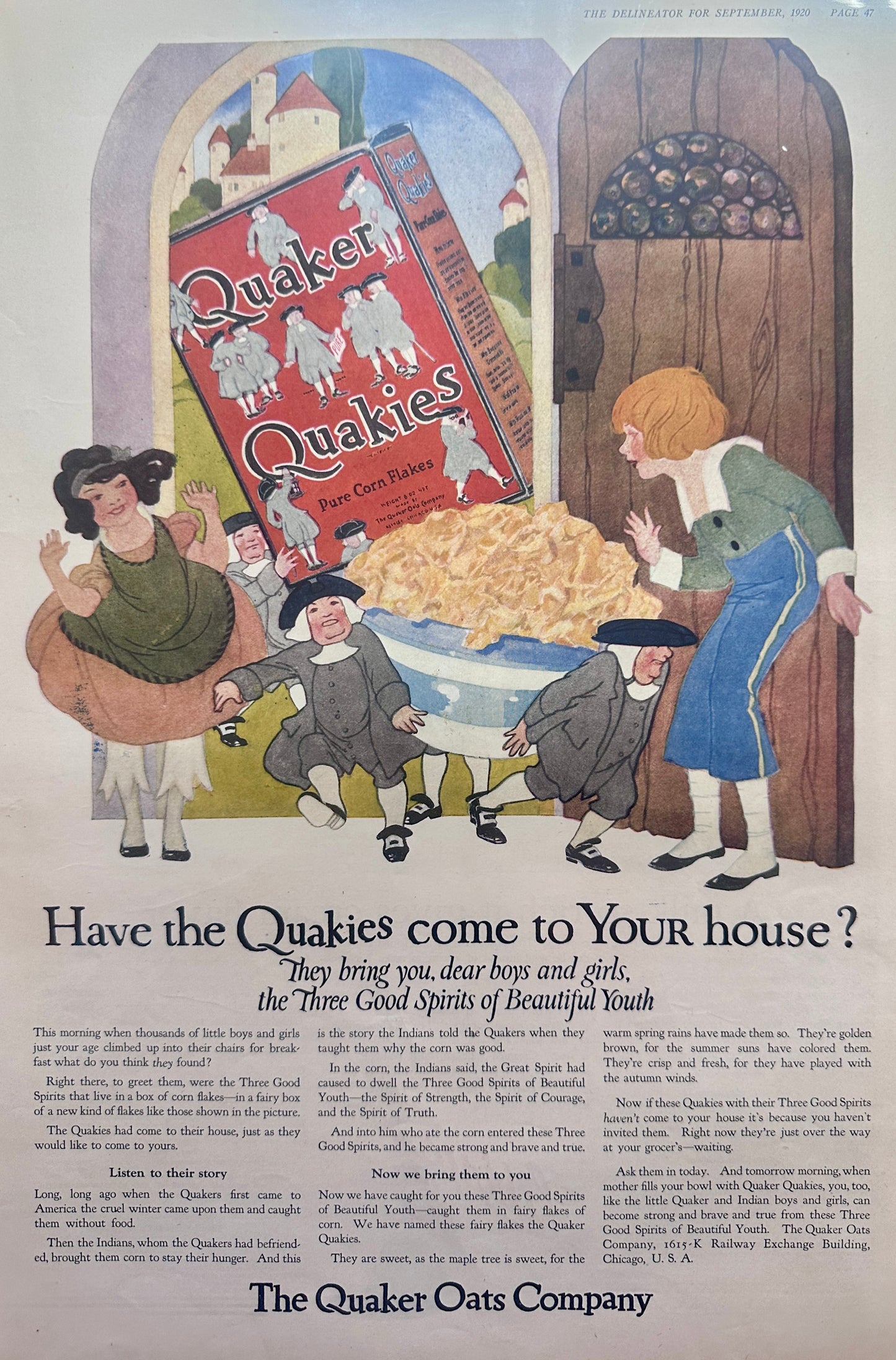 1920 Set of (3) Quaker Quakies Pure Corn Flakes Cereal Ads #150A-B-C