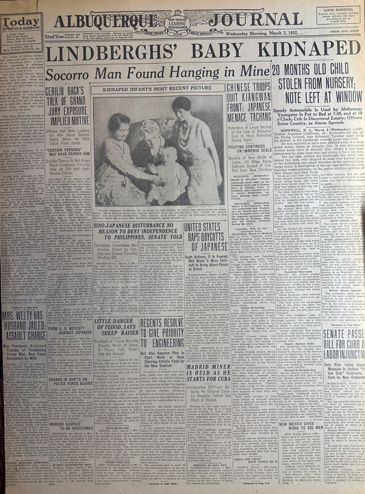 1932-Mar-2 Lindbergh's Baby Kidnapped Albuquerque Journal - HH0010