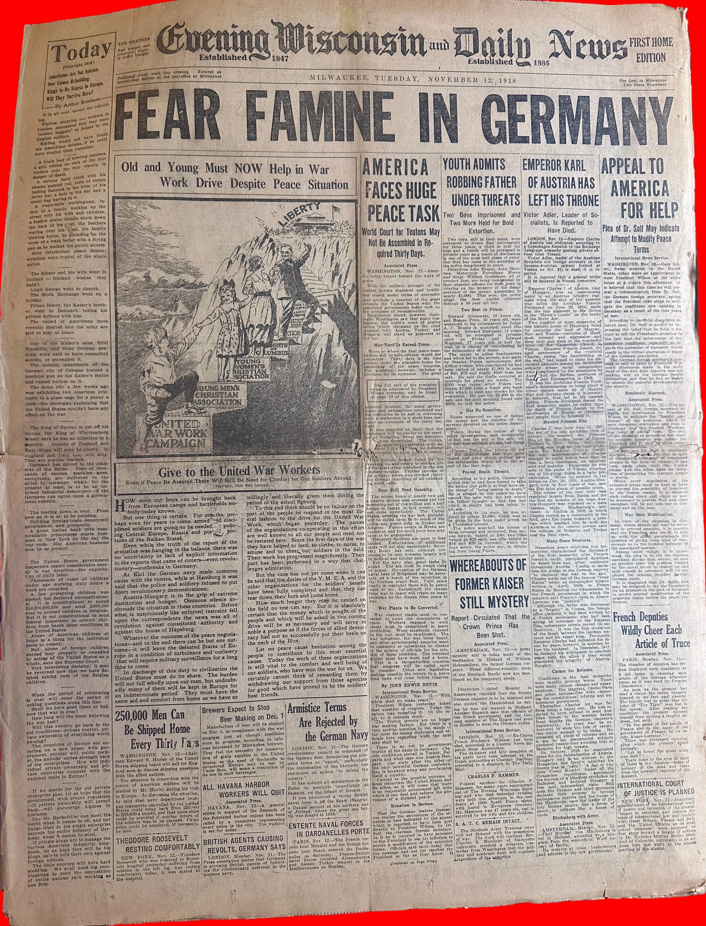 HH0003 1918-Nov-12  Fear Famine in Germany Evening Wisconsin & Daily News