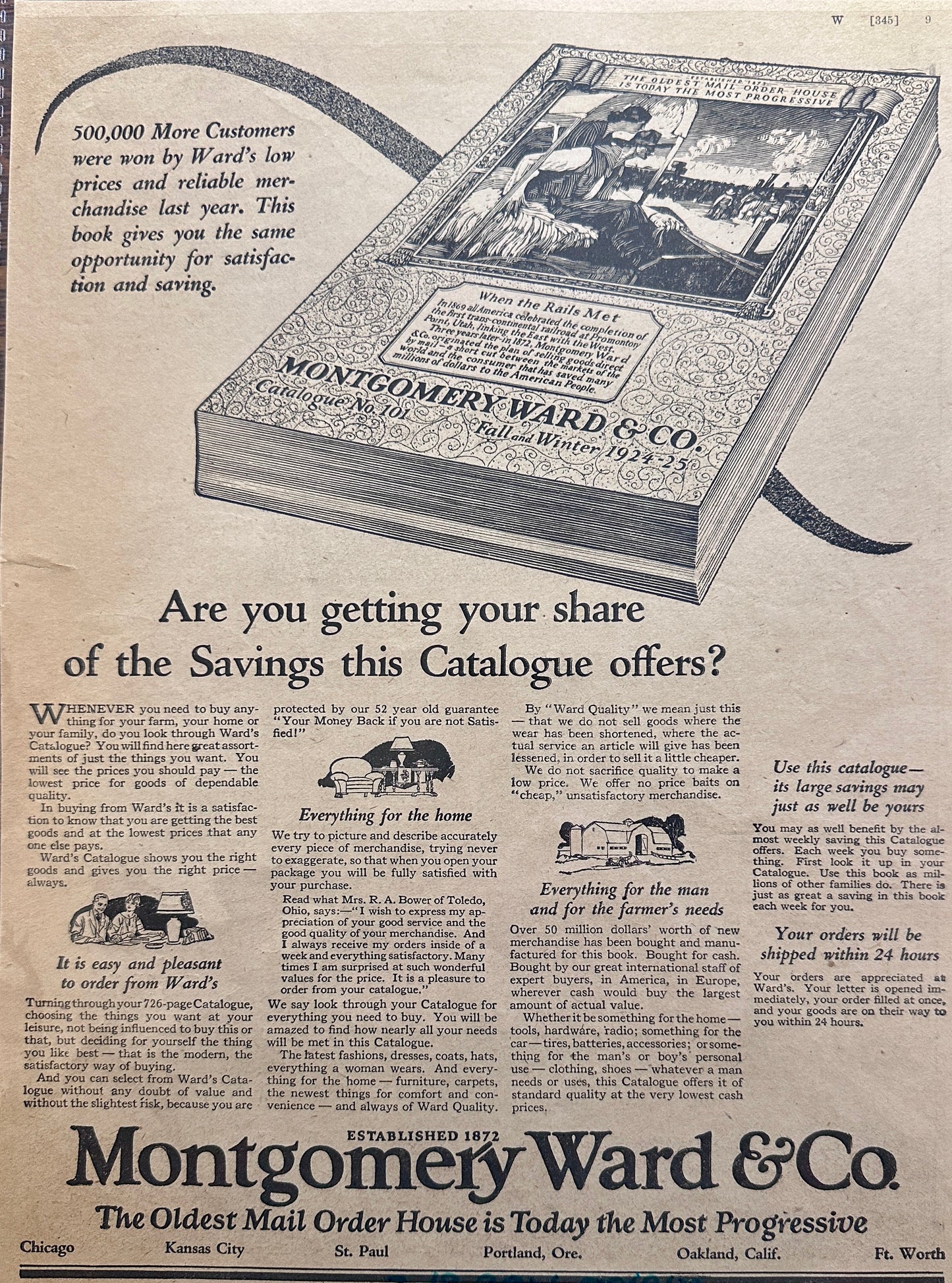 1924 Montgomery Ward Catalog Oldest but Most Progessive Ad #85-4