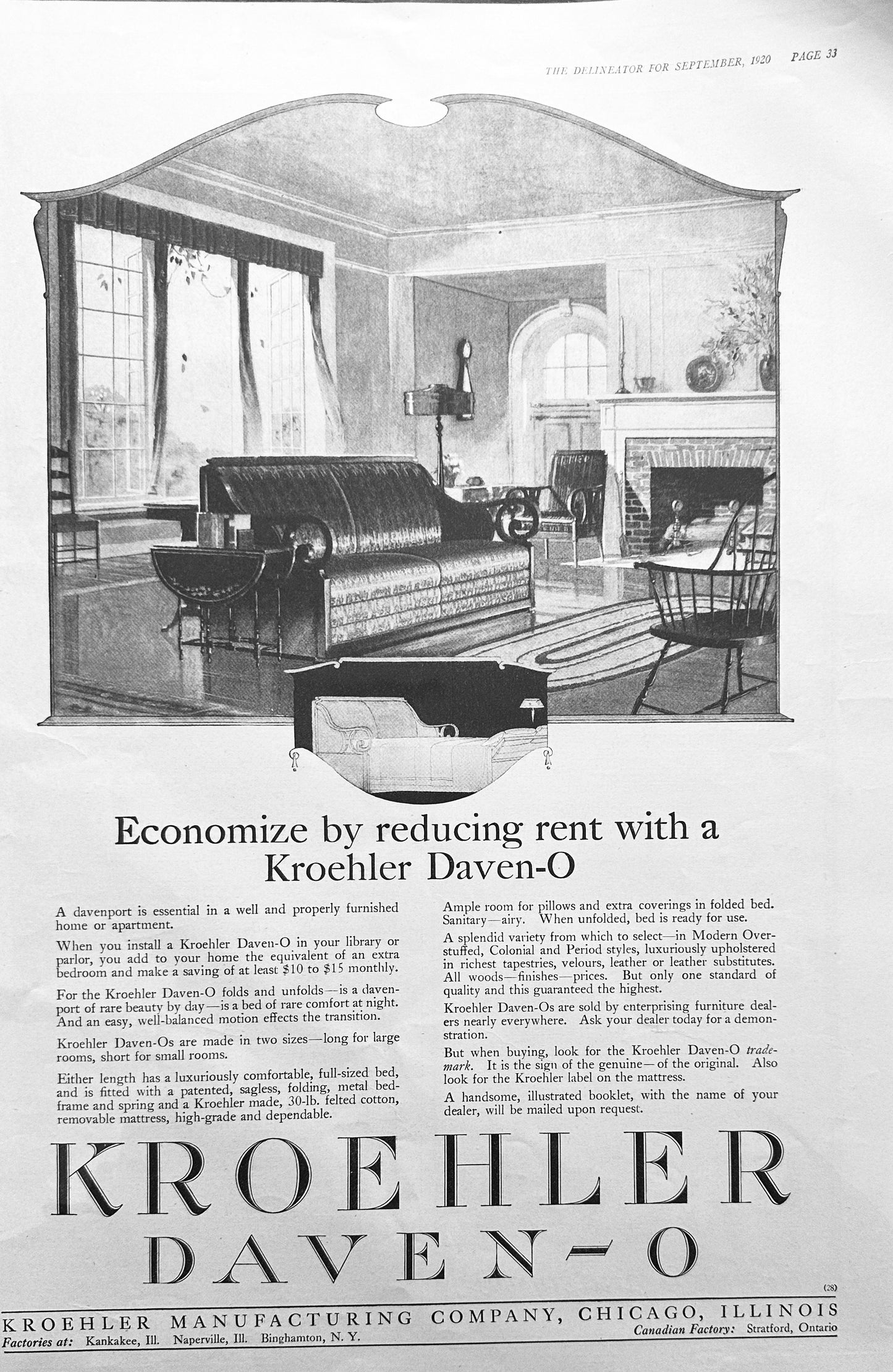 1920 (2) Antique Kroehler DAVEN-O Sleeper Sofa Ad Set #86