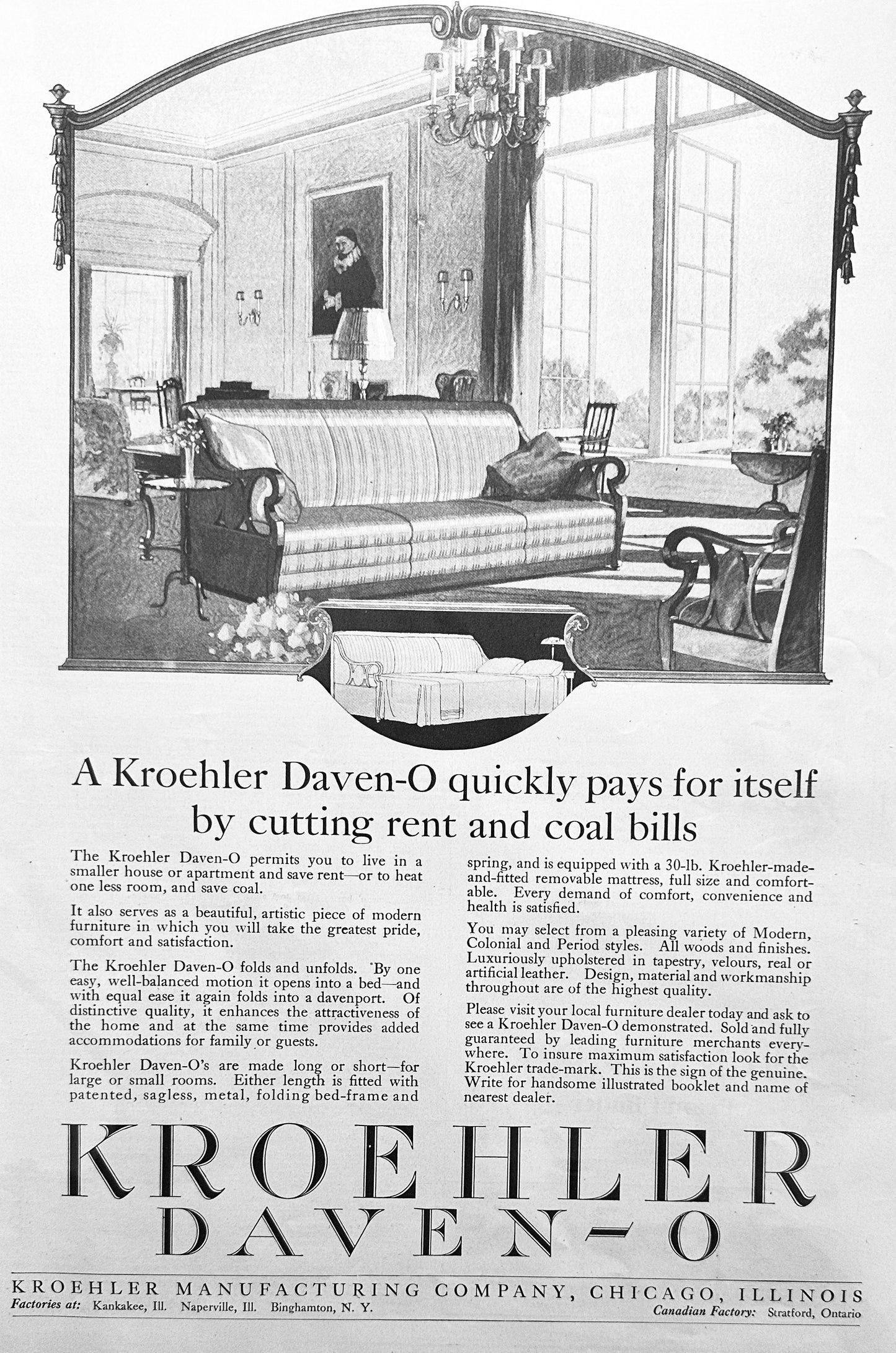 1920 (2) Antique Kroehler DAVEN-O Sleeper Sofa Ad Set #86